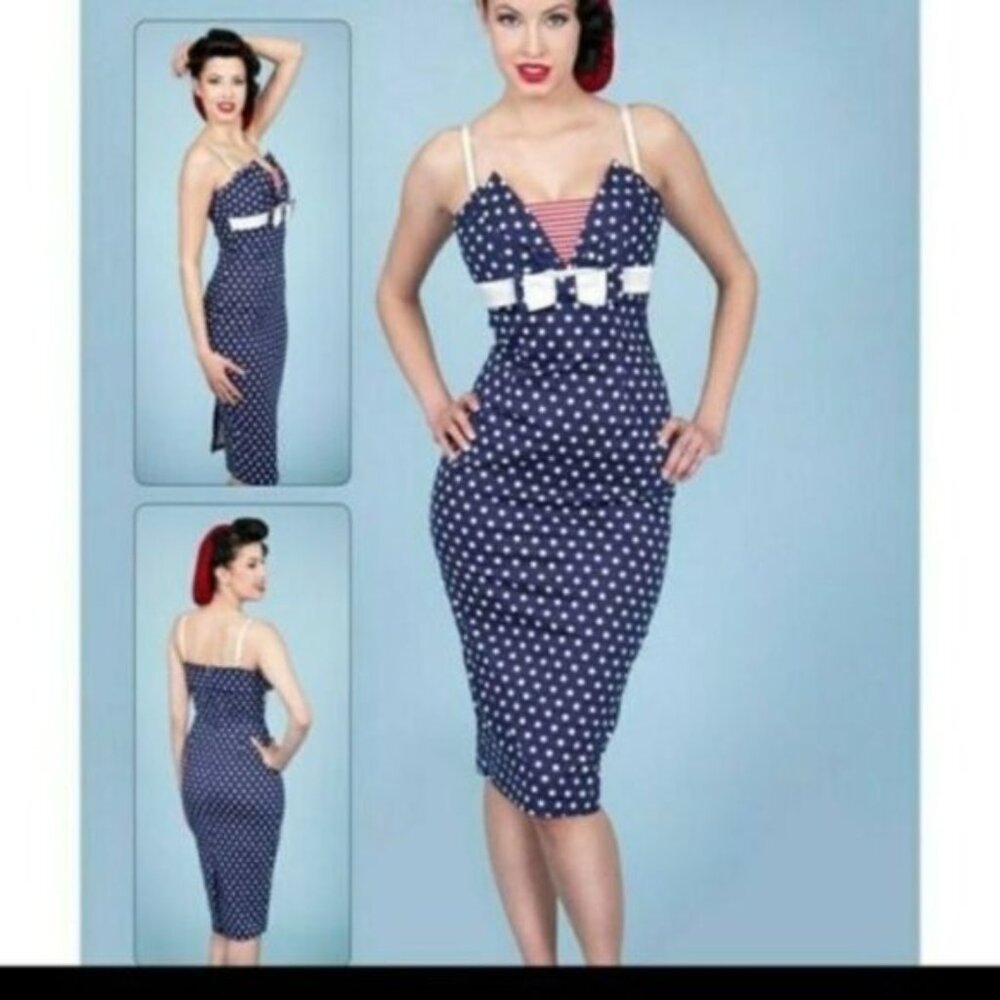 Tatyana Navigator Pin Up Blue Polkadot Wiggle Dress Size Large